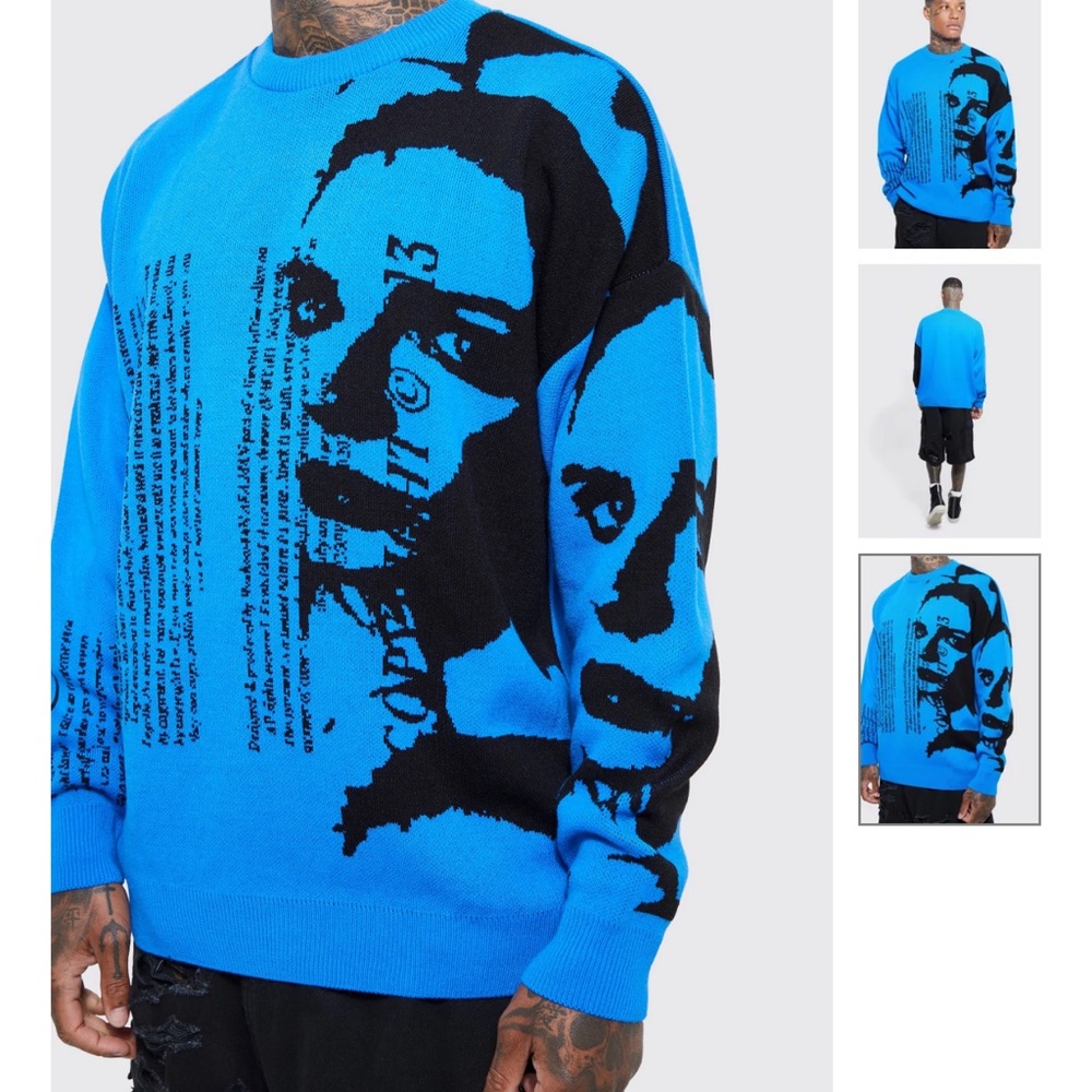 Boohoo Man Oversized portrait Text Knitted sweater Sz XS